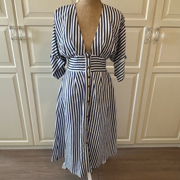 Zara Linen-blend Blue & White Stripe Dress Size M - Picture 1 of 6